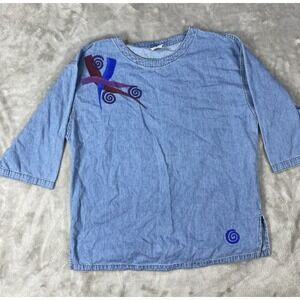 Vintage  Color Me Cotton Shirt Blouse Womens XS Denim Embroidered USA 3/4 Sleeve